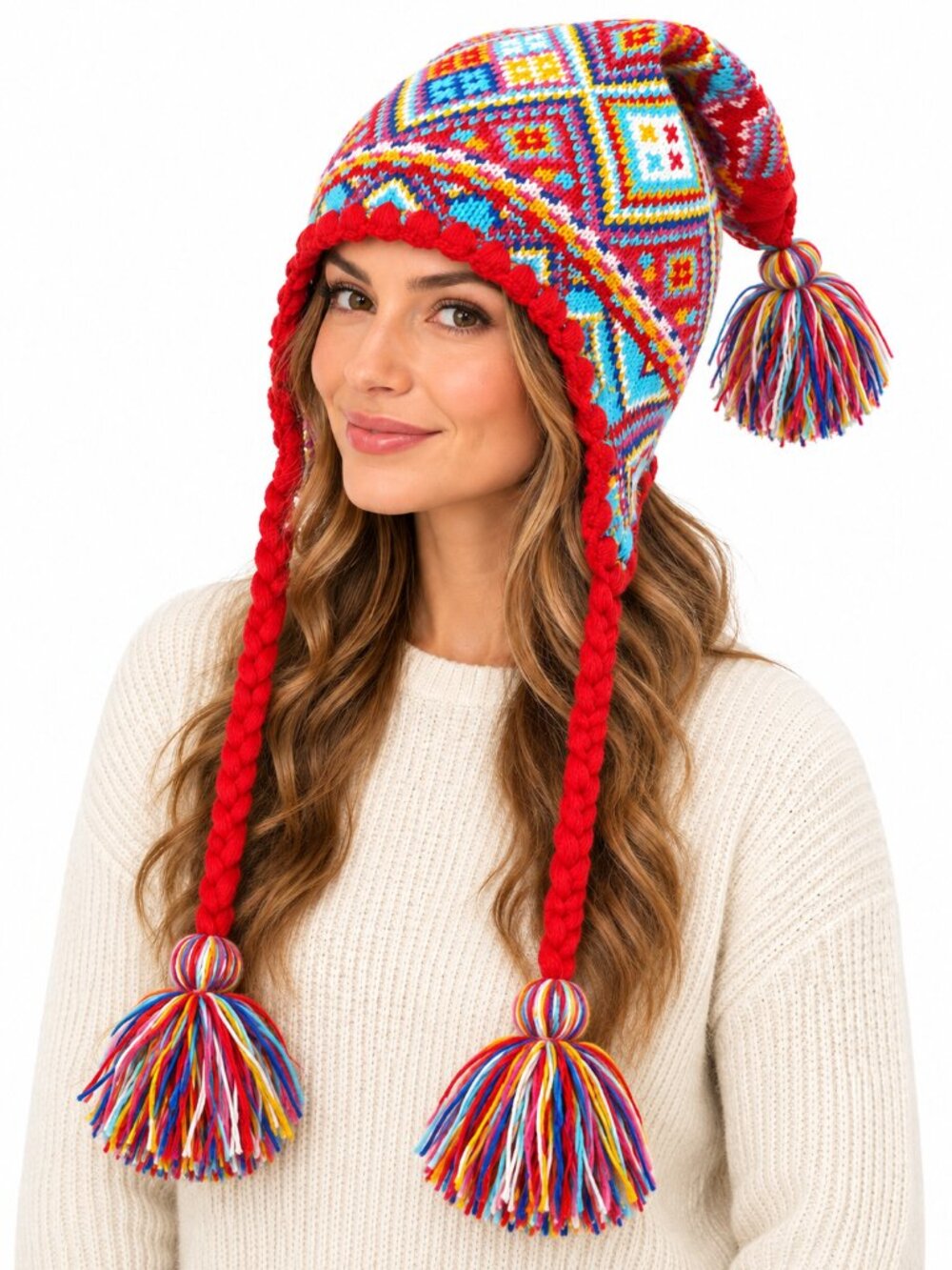 ECOTE Fair Isle Knit Trapper Hat Red Multicolor OS Tassel Braided Toque Beanie